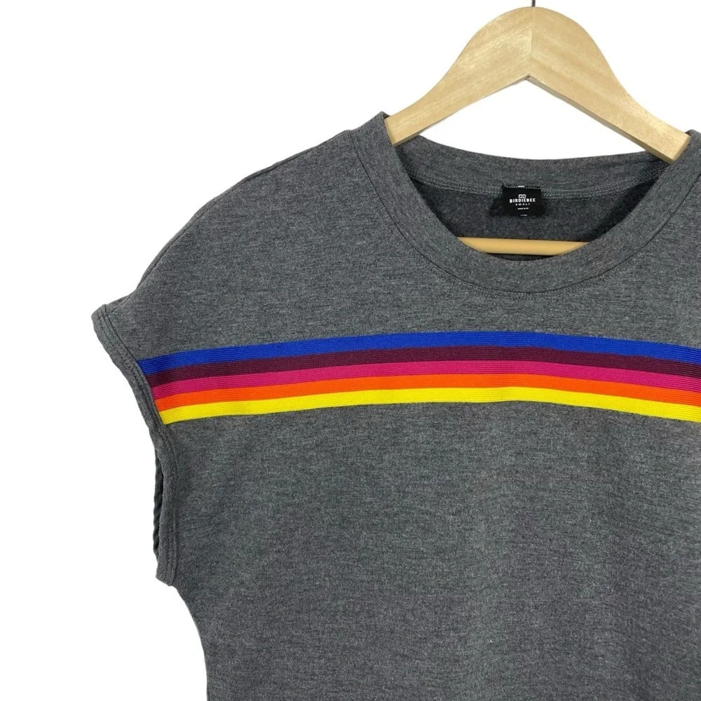 NWOT Birdiebee Phoenix Crop Rainbow Stripe Tee in Grey Size S - Picture 5 of 8